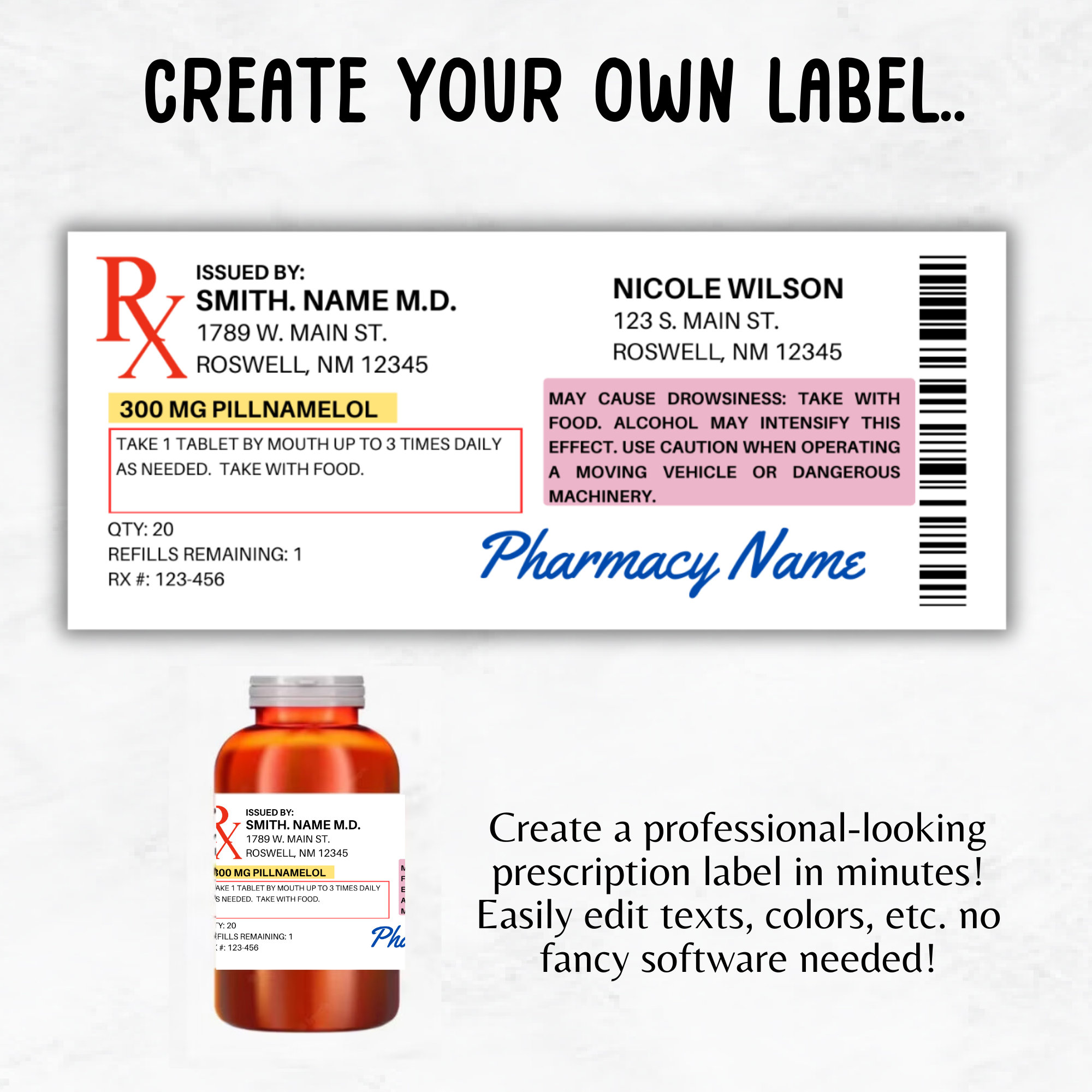 Prescription Label Template | Editable Horizontal RX Bottle Label ...