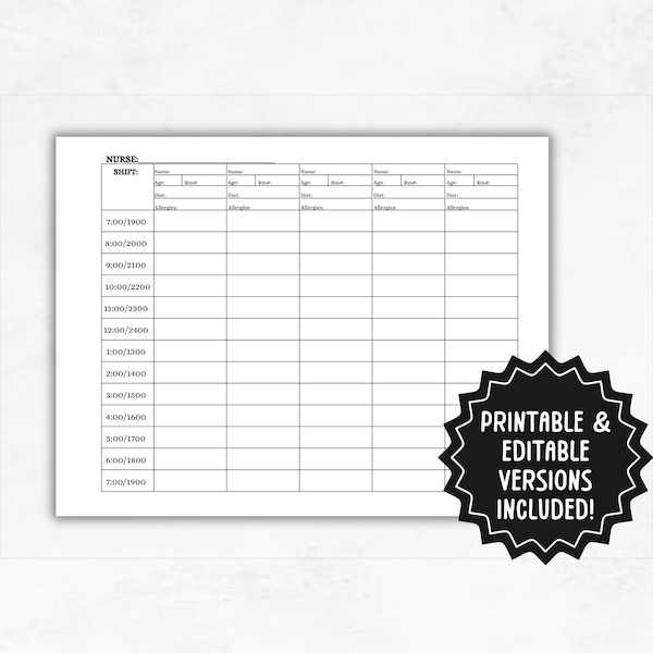 Nurse Hourly To Do Template | Printable Nurse Shift Planner | 5 Patient Nursing Chart | Medical Surgery Nurses Schedule Organizer