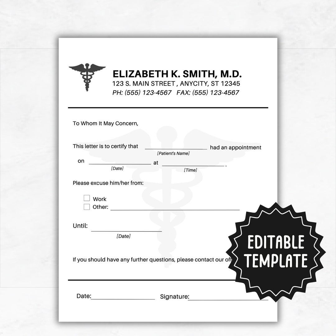 Fillable Doctors Note | Doctor Excuse Note Template | Custom