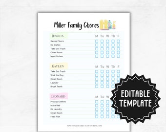 Custom Chore Chart | Editable Family Chore Checklist | Create Your Own Family Chore Chart | Weekly Chore Checklist Template