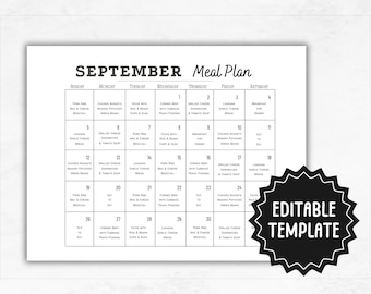 Monthly Meal Planner Template | Editable Monthly Menu | DIY Meal Plan Calendar | Meal Plan Template