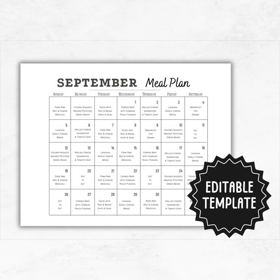 Monthly Meal Planner Template | Editable Monthly Menu | DIY Meal Plan Calendar | Meal Plan Template