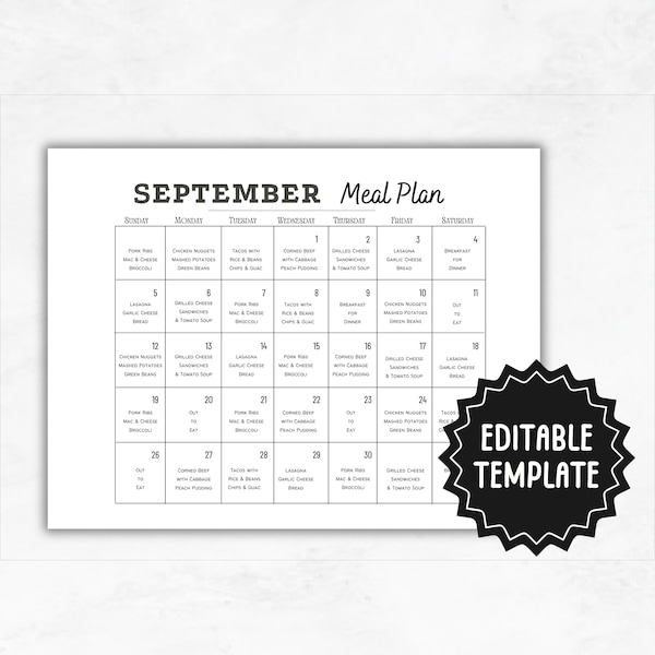 Monthly Meal Planner Template | Editable Monthly Menu | DIY Meal Plan Calendar | Meal Plan Template