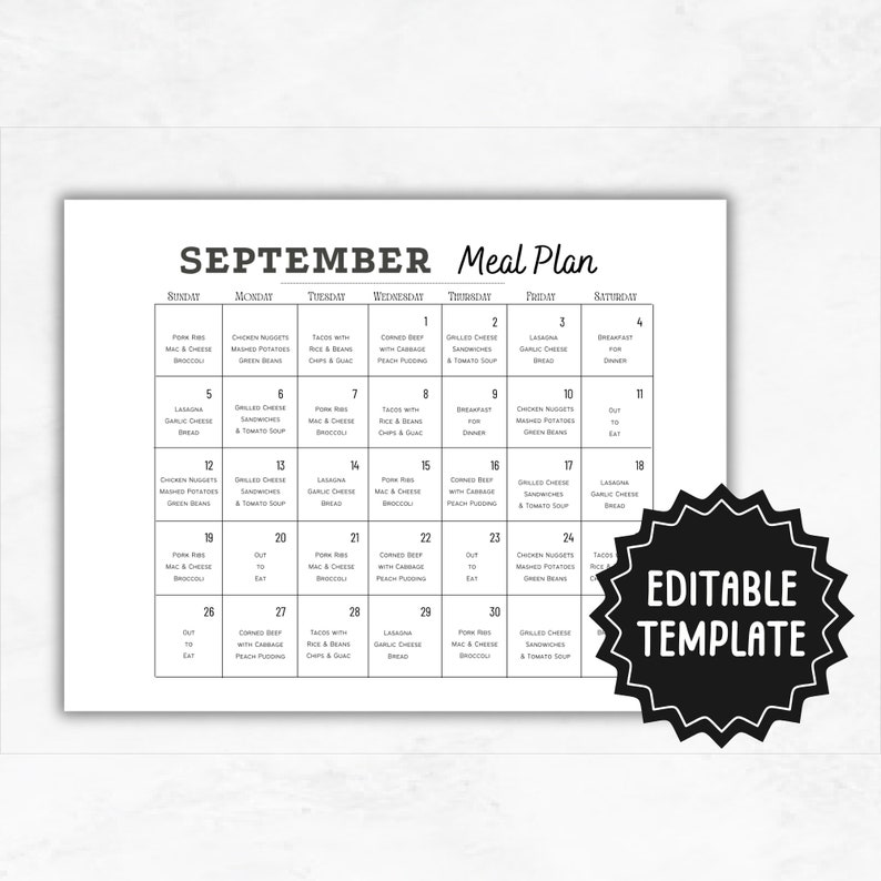 Pode incluir: Um calend&aacute;rio de planejamento de refei&ccedil;&otilde;es imprim&iacute;vel em preto e branco para o m&ecirc;s de setembro. O calend&aacute;rio &eacute; dividido em uma grade com cada dia da semana rotulado. Cada dia tem um espa&ccedil;o para escrever uma ideia de refei&ccedil;&atilde;o.