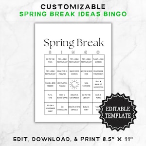 Spring Break Bingo Spiel Vorlage | Bearbeitbare lustige Kinder Bucket List | Druckbare Spring Break Ideen | Spring Break Spiel | Kinder Bingo Karte