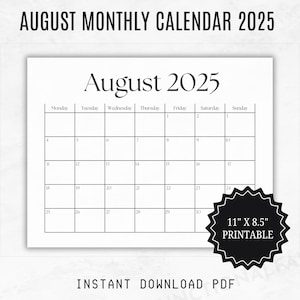 Dated August Monthly Calendar | Printable Blank August 2025 Calendar Page | Minimalist Monthly Calendar 2025 Printable | Monday Start
