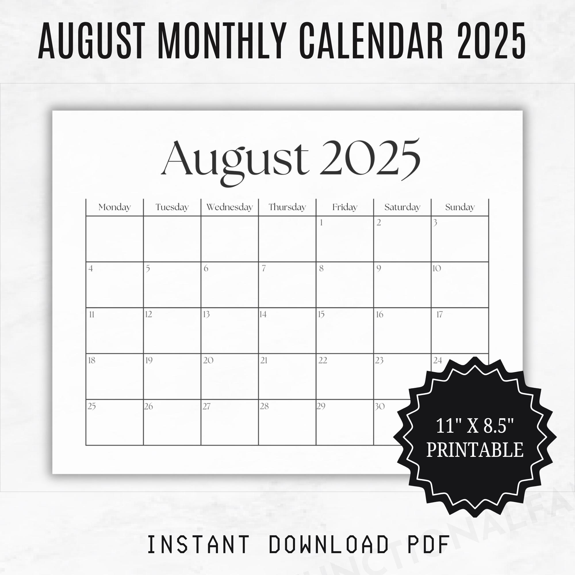 Dated August Monthly Calendar | Printable Blank August 2025 Calendar Page | Minimalist Monthly Calendar 2025 Printable | Monday Start