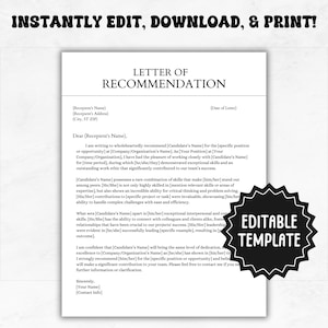 Modelo de carta de recomendação profissional | Carta de recomendação editável para funcionário | Carta de referência de trabalho | Carta de referência de trabalho