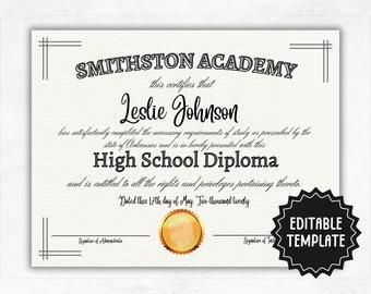 Custom High School Diploma | Editable Diploma Template | Homeschool Diploma