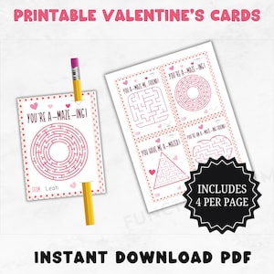 Laberintos de lápices para San Valentín / Tarjetas de San Valentín imprimibles / Material para repartir en el aula para San Valentín / Portalápices / Manualidades de San Valentín de última hora para hacer tú mismo