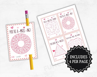 Pencil Valentine's Mazes | Printable Valentines Cards | Classroom Valentine's Handouts | Pencil Holder | DIY Last Minute Valentines