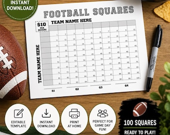 Könnte beinhalten: Ein weißes Football-Squares-Spielblatt aus Papier mit einem 10x10-Gitter, nummeriert von 1 bis 100, mit Kopfzeilen für Teamnamen und Viertel. Das Blatt enthält den Text Football Squares und $10 Per Square sowie einen schwarzen Filzstift.