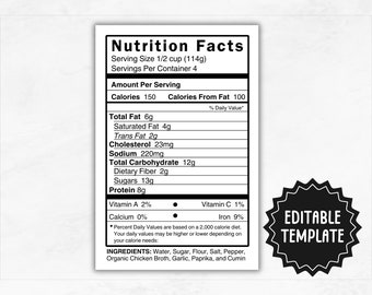 Nutrition Facts | Editable Nutrition Label | Nutritional SVG PNG Clip Art | Custom Nutritional Facts Template
