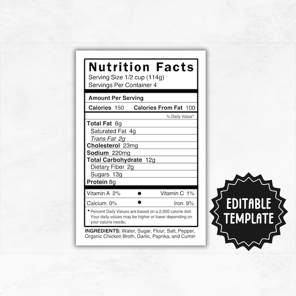 Datos nutricionales / Etiqueta nutricional editable / Clip Art SVG PNG nutricional / Plantilla de datos nutricionales personalizada