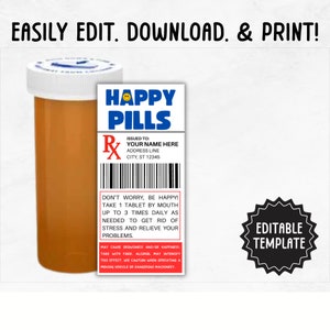 Happy Pills Label Template | Editable Funny Happy Pills Label | Happy Pills Funny Gag Gift | Printable Happy Pills Label