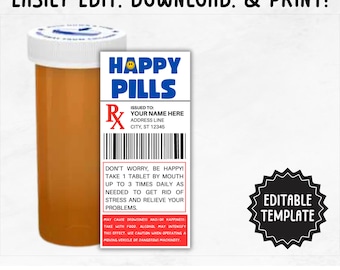 Szablon etykiety Happy Pills | Edytowalna zabawna etykieta Happy Pills | Zabawny prezent Gag Happy Pills | Etykieta Happy Pills do druku