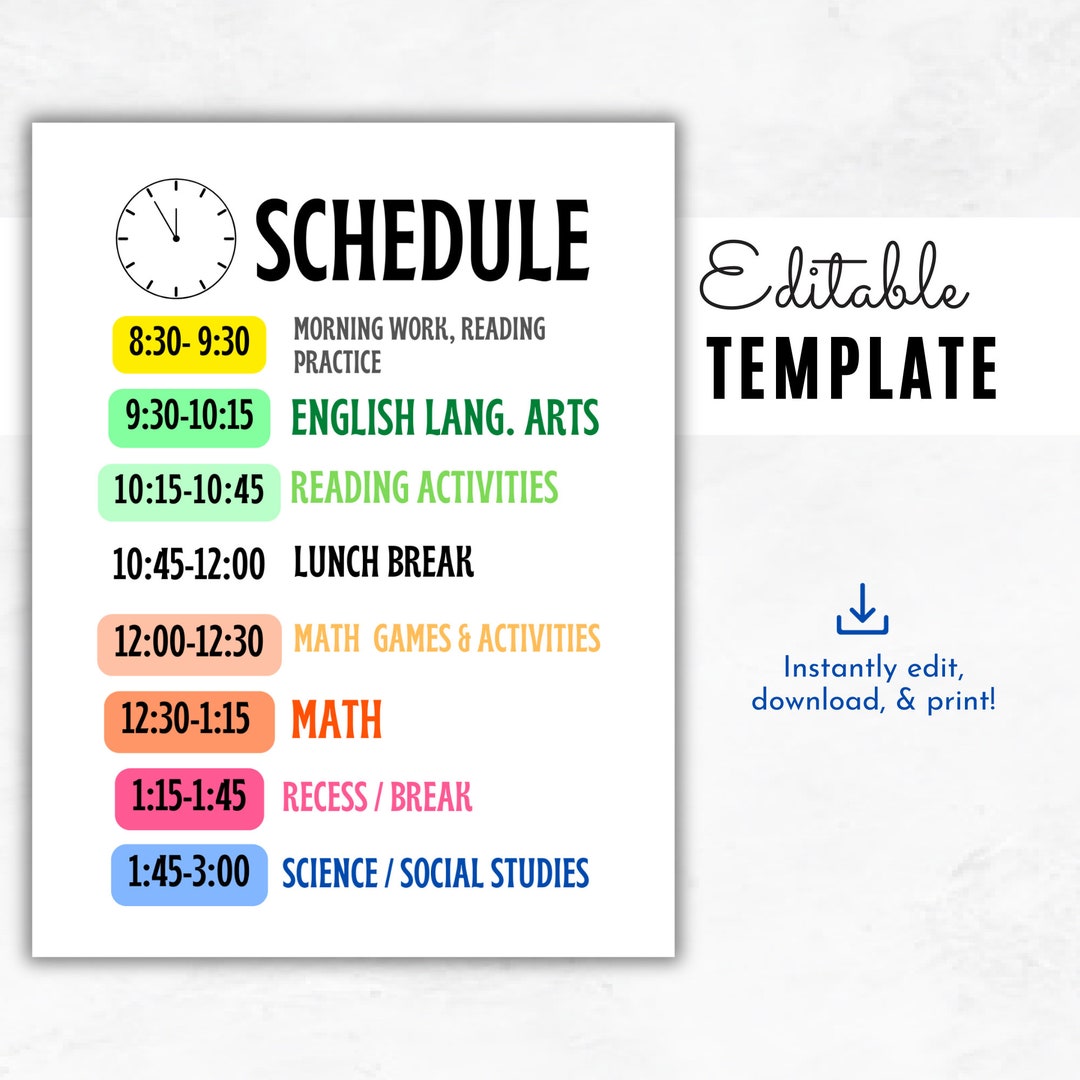 Kids Daily Schedule Template Editable Homeschool Daily Routine ...