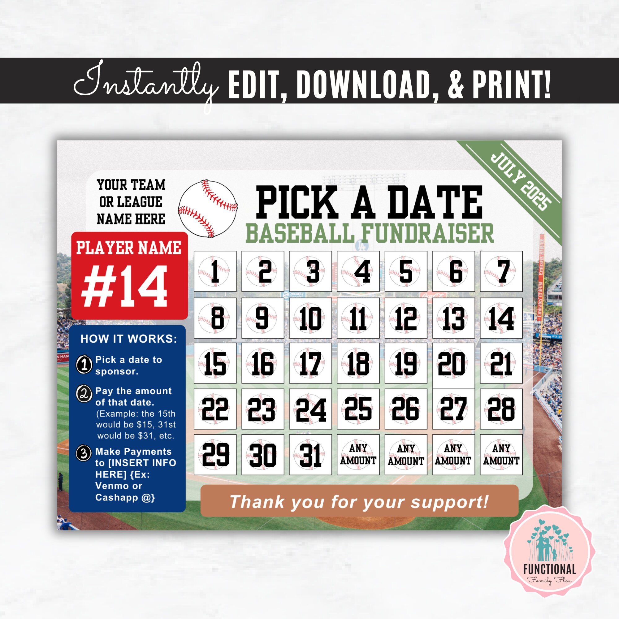 Baseball Calendar Fundraiser Template Editable Pick A Date Fundraiser Sheet  Clear the Board Fundraising Template Baseball Fundraising - Etsy