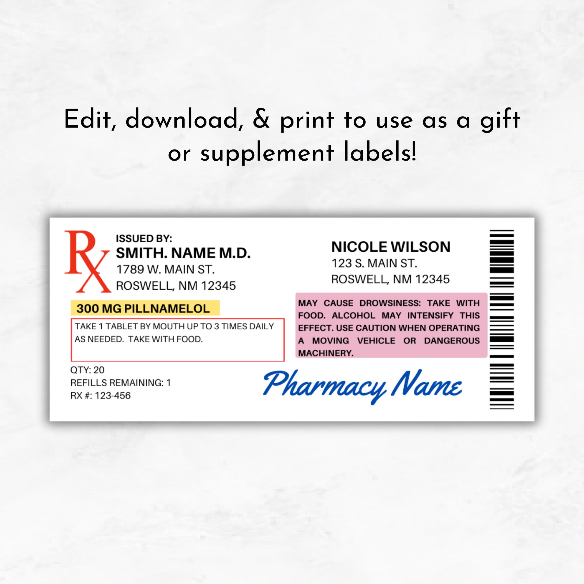 Word Rx Label Template Prescription Label Template | Editable Horizontal RX Bottle Label ...