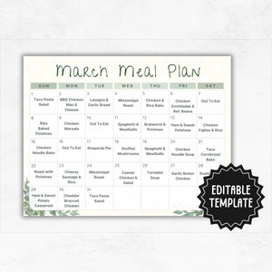 Szablon miesięcznego planera posiłków | Tygodniowe menu w żłobku domowym | Edytowalny kalendarz posiłków | Planer posiłków w szkole domowej | Miesięczny plan posiłków