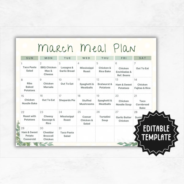 Monthly Meal Planner Template | Home Daycare Weekly Menu | Editable Meal Calendar | Home School Meal Planner | Monthly Meal Plan