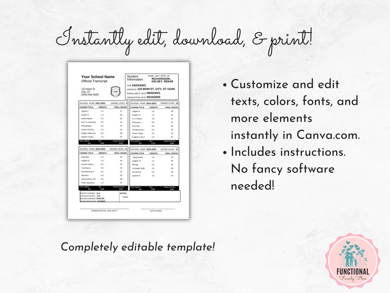 High School Transcript Template | Editable Homeschool Transcript ...