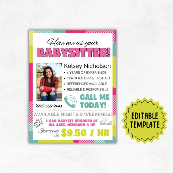 Babysitter Flyer Template | Editable Babysitting Services Flyer | Childcare Services Community Poster | Babysitting Flyer