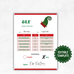 Boletín de calificaciones de elfo personalizado / Plantilla editable de Nochebuena / Carta de un elfo / Carta de Papá Noel / Boletín de calificaciones de Papá Noel imprimible