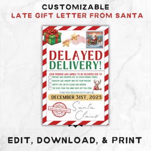 Puede incluir: Una carta imprimible de Santa Claus explicando un retraso en la entrega de un regalo. La carta es roja y blanca con un diseño navideño festivo. La carta indica que la nueva fecha de entrega será el 31 de diciembre de 2025.