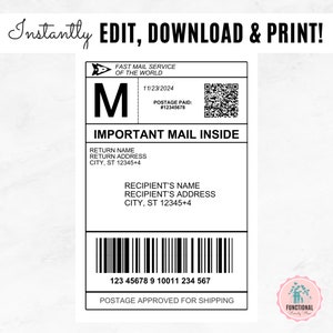 Plantilla de etiqueta de envío falsa / Etiqueta de correo personalizada editable / Plantilla de etiqueta de envío de correo falso para caja de regalo / Etiqueta de correo de regalo de broma imagen 2