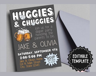 Huggies and Chuggies Invitation Template | Editable Diaper Party Invite | Printable Man Shower Invitation | Beer Diapers Baby Shower