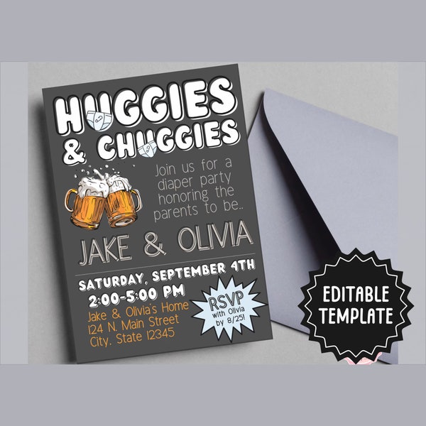 Huggies and Chuggies Invitation Template | Editable Diaper Party Invite | Printable Man Shower Invitation | Beer Diapers Baby Shower