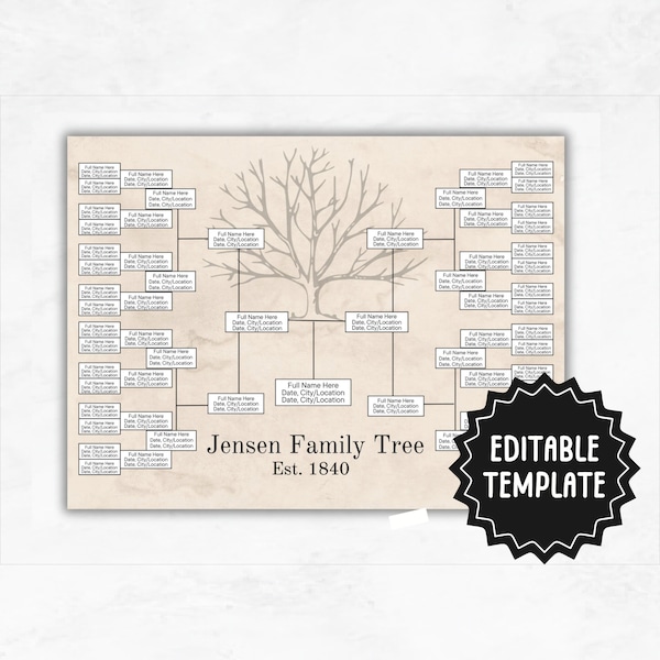 Six Generation Family Tree Template | Editable Family Tree | Create Your Own Genealogy Chart