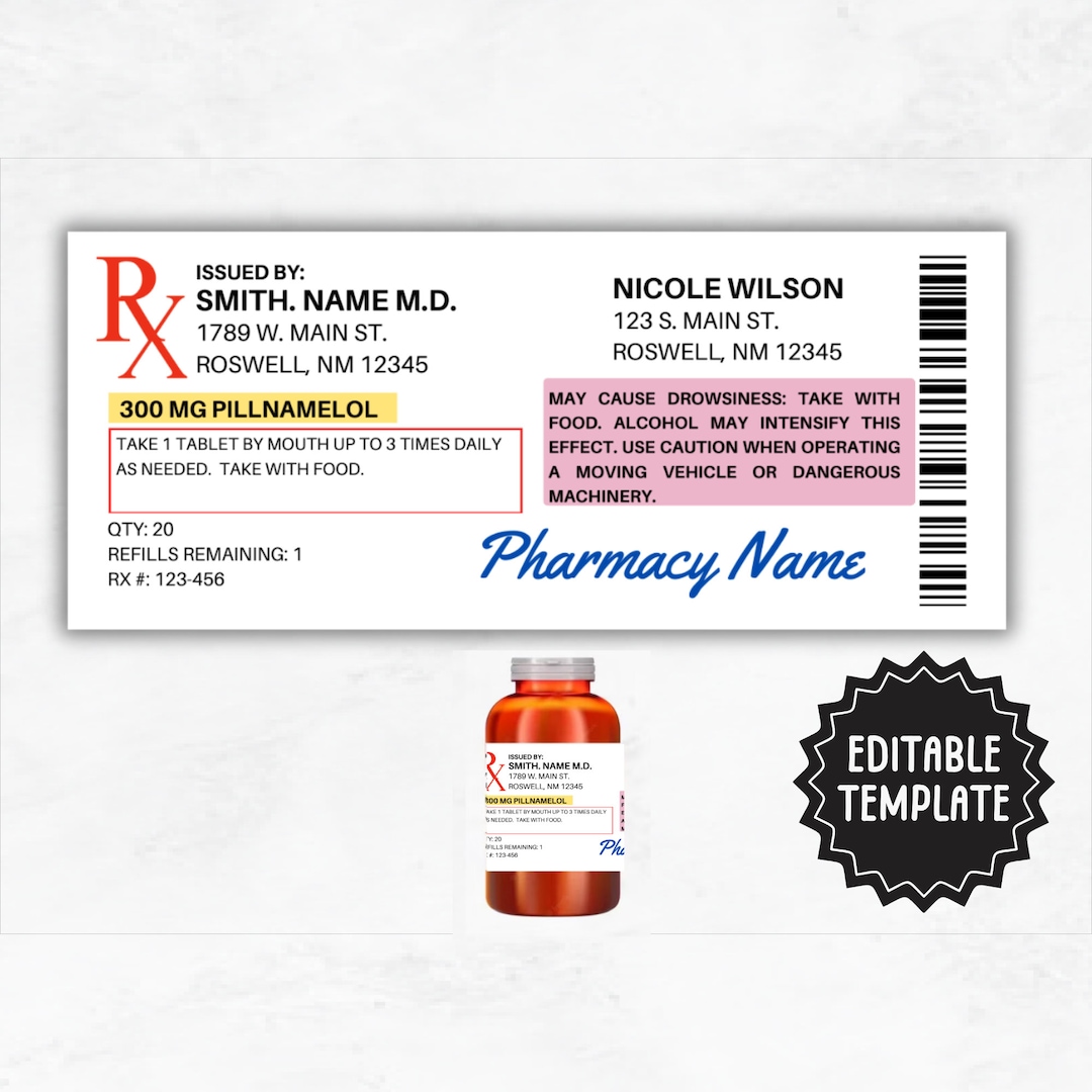 Prescription Label Template Editable Horizontal RX Bottle Label Prescription Label Template Editable Horizontal RX Bottle Label
