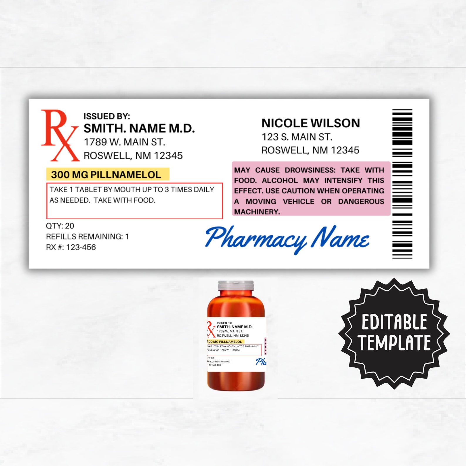 Prescription Label Template | Editable Horizontal RX Bottle Label ...