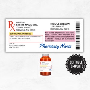 Prescription Label Template | Editable Horizontal RX Bottle Label Template | Pill Bottle Label | Custom Prescription Bottle Label