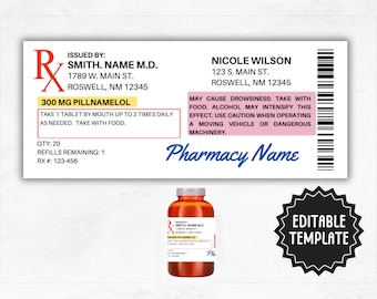 Prescription Label Template | Editable Horizontal RX Bottle Label Template | Pill Bottle Label | Custom Prescription Bottle Label