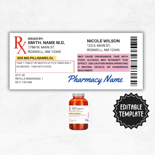 Prescription Label Template | Editable Horizontal RX Bottle Label Template | Pill Bottle Label | Custom Prescription Bottle Label