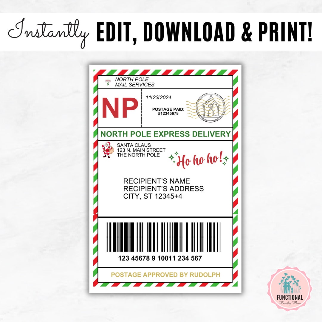 Santa Shipping Label Template Editable North Pole Mail Label Santa Mail Santa Shipping Label Template Editable North Pole Mail Label Santa Mail