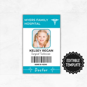 Kids Hospital Patient ID Badge | Fun Custom Doctors ID | Editable Hospital Pretend Badge | Kids ID Card Template