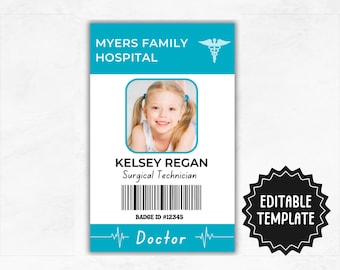 Insignia de identificación de paciente del hospital para niños / ID de médicos personalizados divertidos / Insignia de simulación de hospital editable / Plantilla de tarjeta de identificación para niños