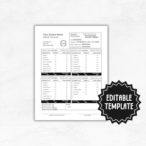 Modèle de relevé de notes de l'école secondaire | Relevé de notes modifiable pour l'école à la maison | Modèle de Bulletin de notes pour l'école à la maison et le secondaire