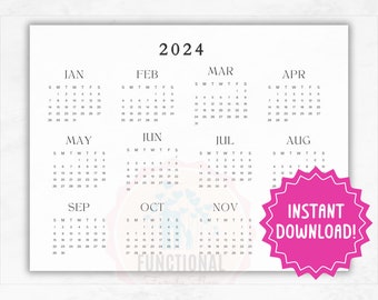 2024 Yearly Calendar | Printable Wall Calendar | Horizontal Year At A Glance | 12 Month Year Calendar