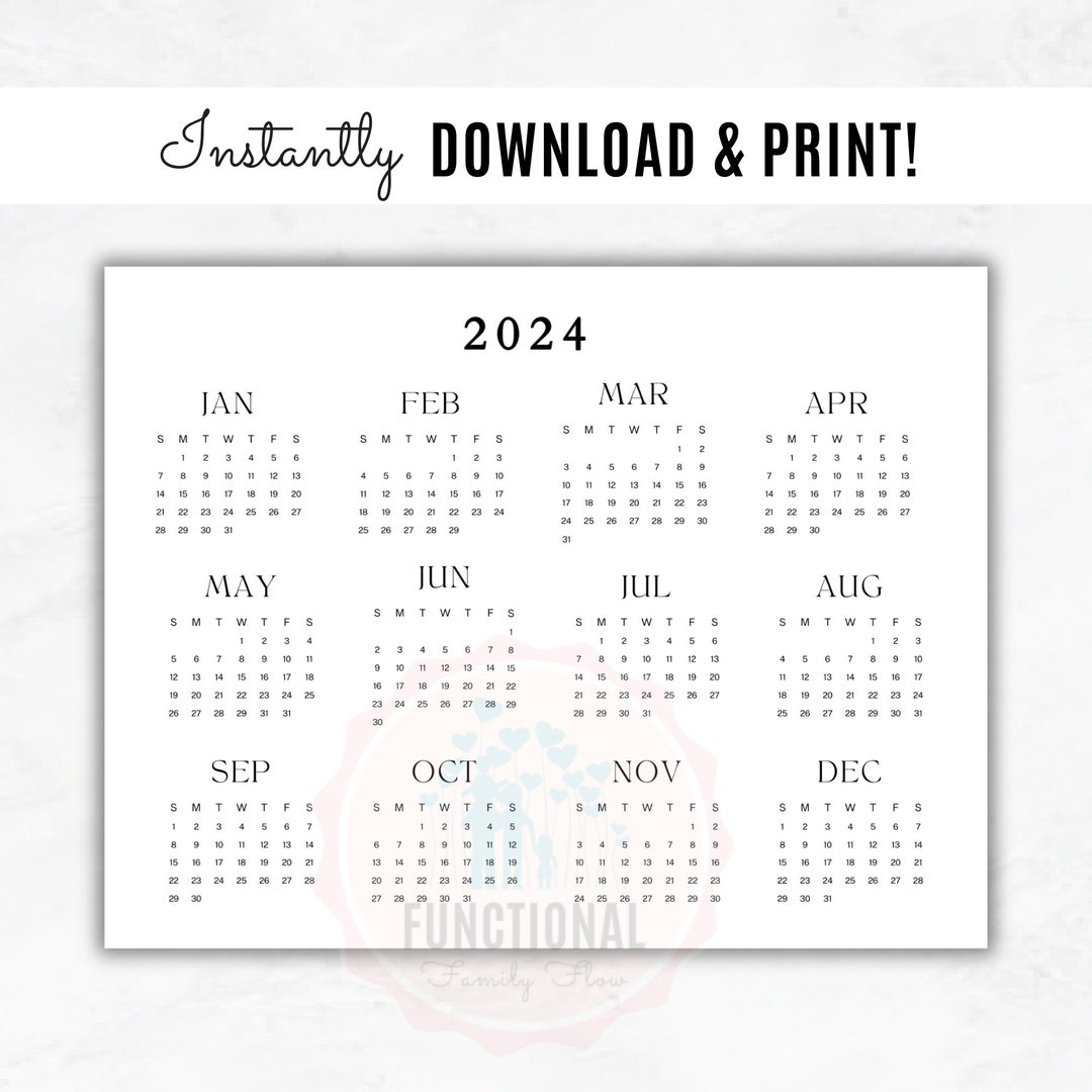 2024 Yearly Calendar Printable Wall Calendar Horizontal Year at A