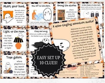 May include: Halloween scavenger hunt printable with 10 clues. The design features orange and black accents, ghosts, and text like "Easy Set Up 10 Clues!" and "Instant Download PDF".
