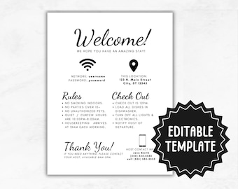 Welcome Sign for AirBNB Hosts | Vacation Rental Printable | Guest Arrival Poster Template | WiFi Rules Sign