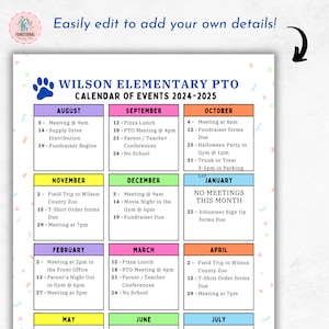 Puede incluir: Un calendario imprimible colorido para los eventos del PTO de la escuela primaria Wilson de agosto de 2024 a julio de 2025. Cada mes se enumera con un fondo de color diferente e incluye fechas y descripciones de los eventos.