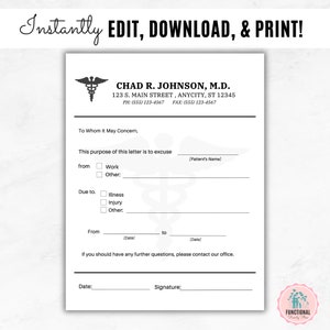 Nota del médico rellenable / Nota de excusa del médico editable / Plantilla de bloc de notas personalizada del Dr. / Carta de excusa imprimible / Nota de excusa del trabajo escolar