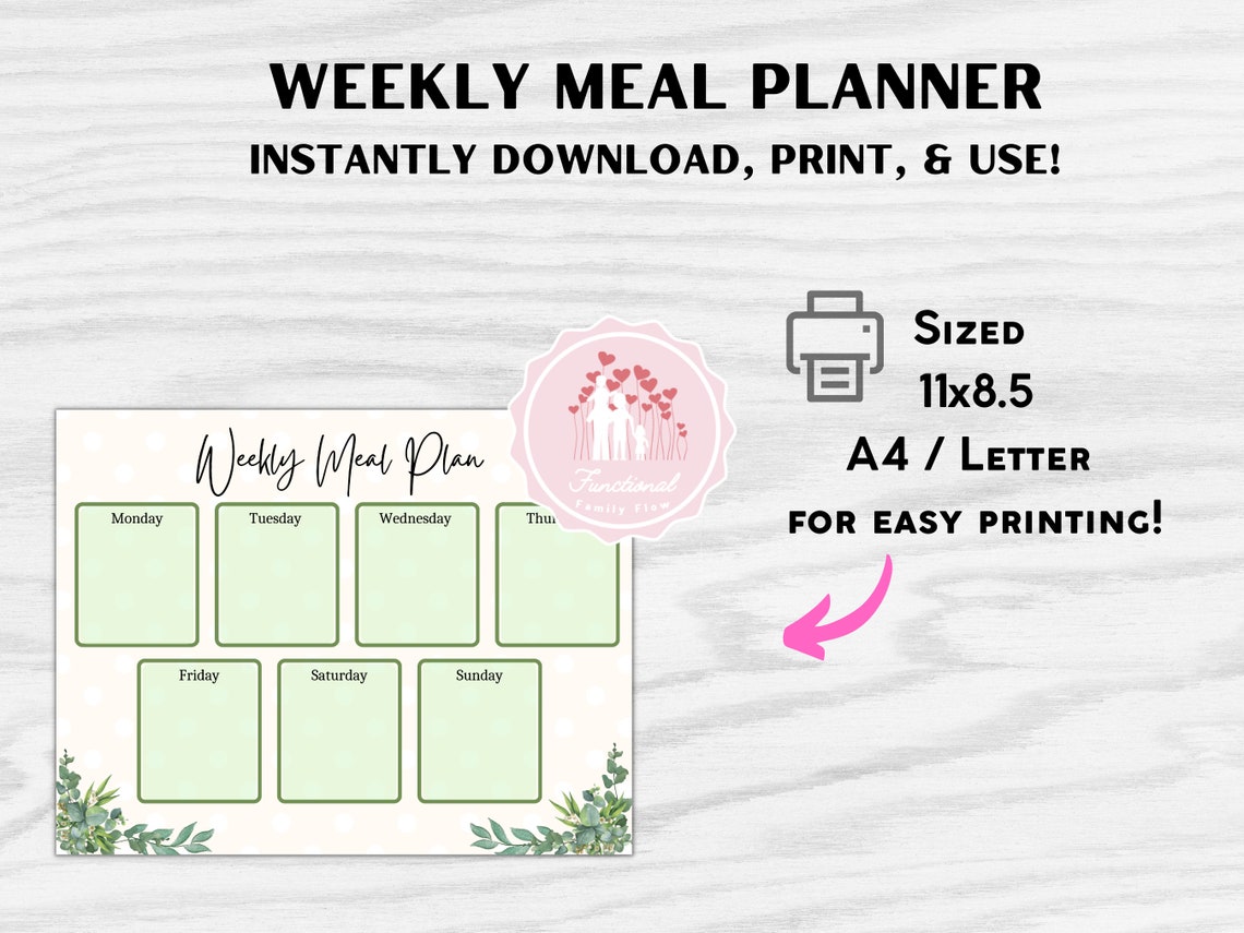 Weekly Meal Planner Page | Printable 7 Day Menu | Meal Plan for Fridge ...