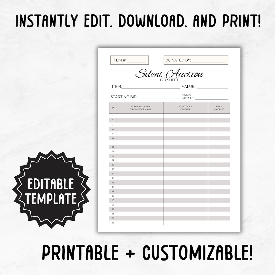 Silent Auction Bid Sheet Template | Editable Silent Auction Sign up ...